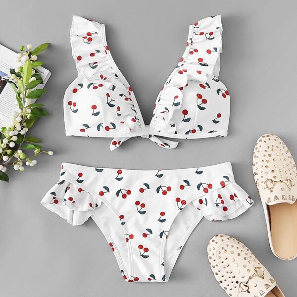 

Cherry Print Ruffle Top With Low Rise Bikini, White