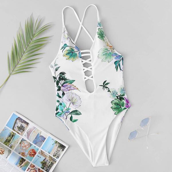 

Random Floral Criss Cross Backless One Piece Swimsuit