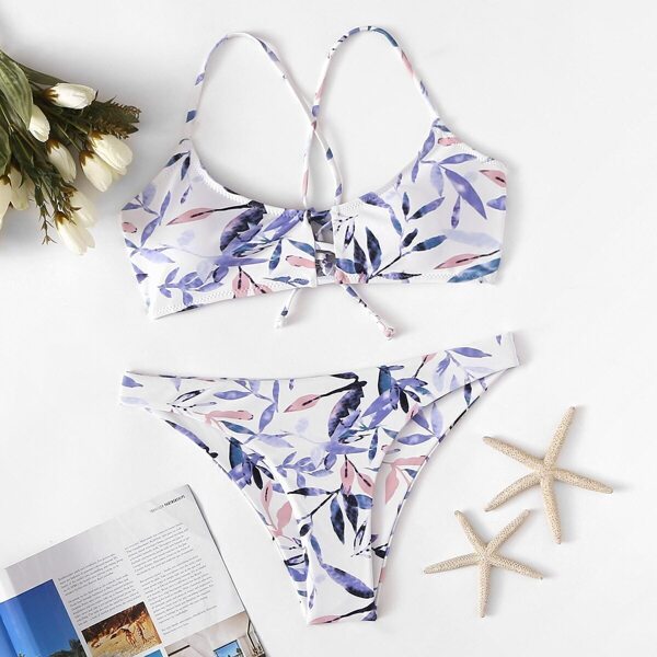 

Random Leaf Print Criss Cross Lace-up Bikini Set
