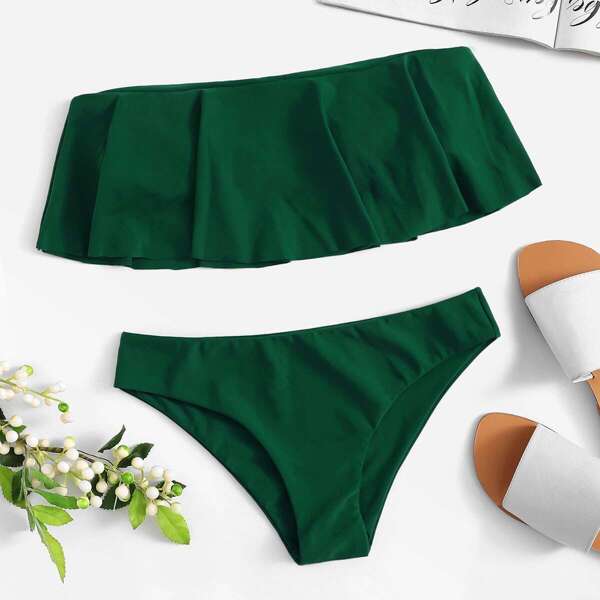 

Flounce Off The Shoulder Top With Low Rise Bikini Set, Green