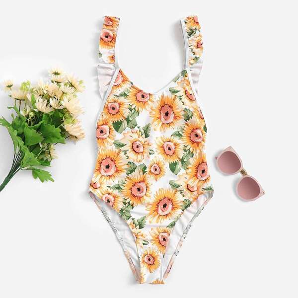 

Random Floral Ruffle Backless One Piece Swimsuit, Multicolor