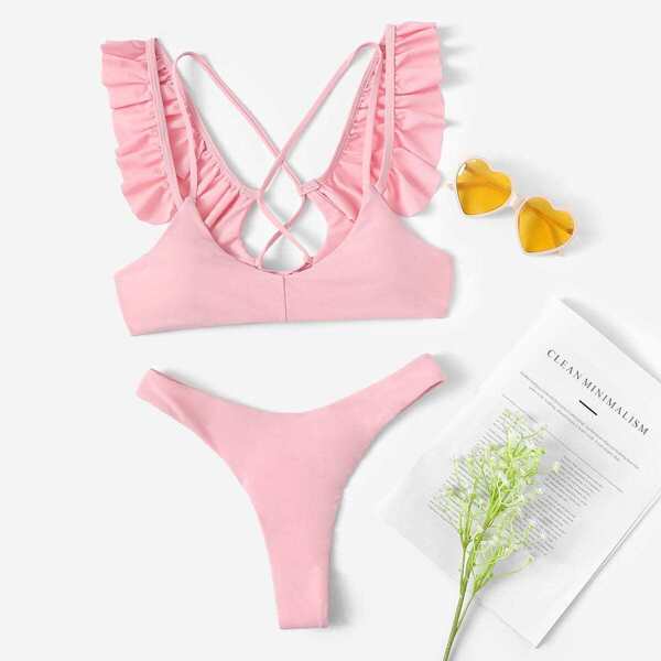 

Lace-up Back Ruffle Top With High Cut Bikini Set, Pink