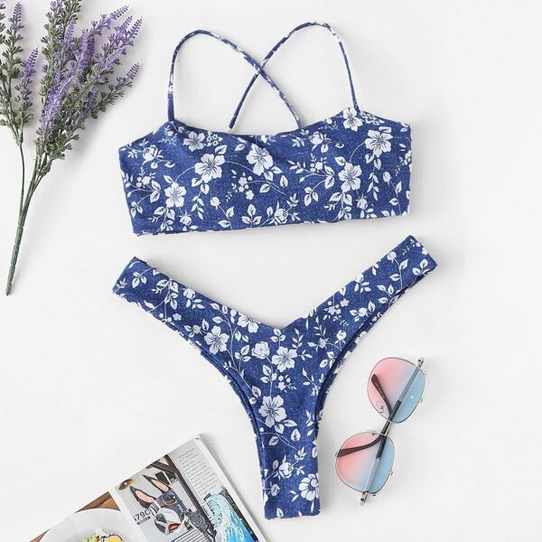 

Random Floral Criss Cross Top With High Leg Bikini