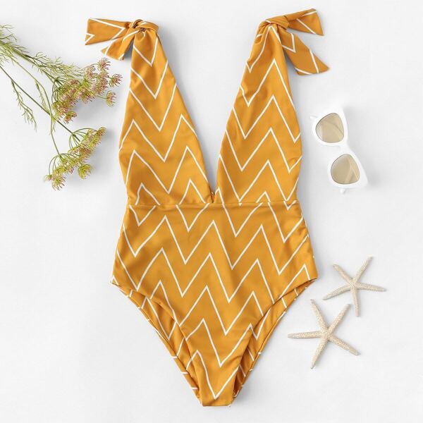 

Chevron Self Tie V-Plunge One Piece Swimsuit