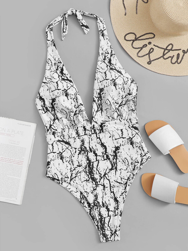 

Random Marble Print Deep-V One Piece Swimsuit, Black and white