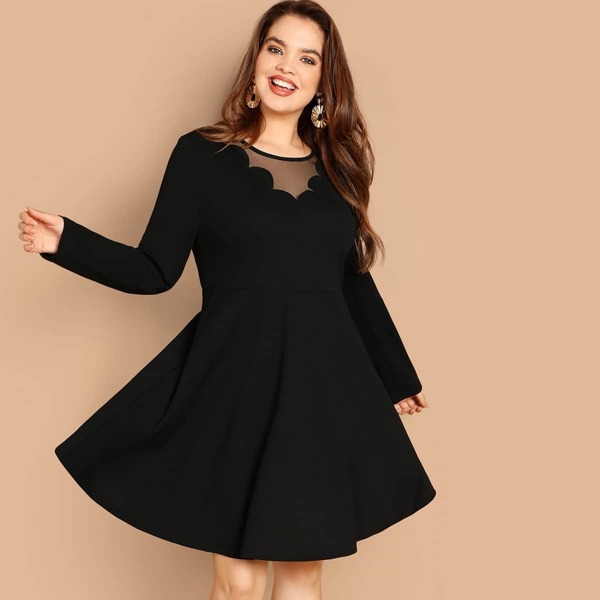 

Plus Mesh Insert Scallop Trim Swing Dress