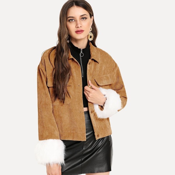 

Faux Fur Detail Corduroy Jacket