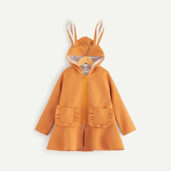 

Girls Frilled Pocket Rabbit Hooded Peplum Coat, Yellow