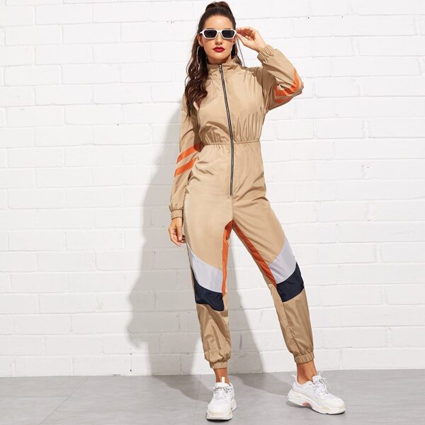 

Zip Front Mock-Neck Color Block Utility Jumpsuit, Multicolor