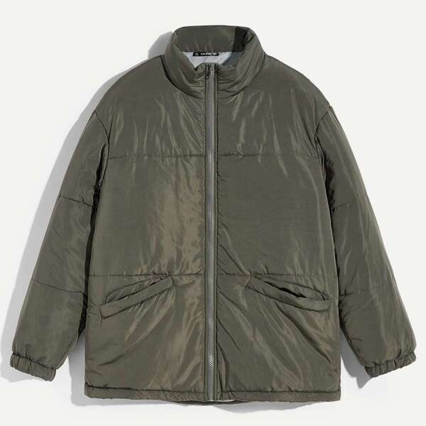 

Men Zip & Pocket Front Padded Coat, Army green