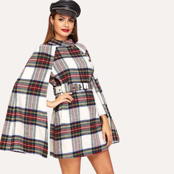 

Button Front Belted Plaid Cape Coat