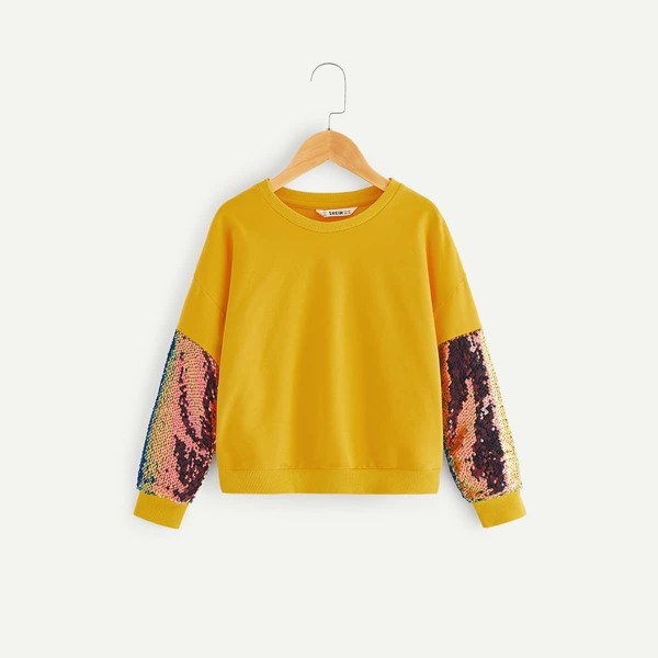 

Girls Drop Shoulder Sequin Sleeve Pullover, Yellow