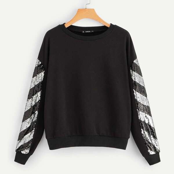 

Drop Shoulder Striped Sequin Sleeve Pullover