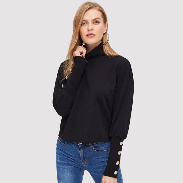 

Turtle Neck Buttoned Gigot Sleeve Sweatshirt