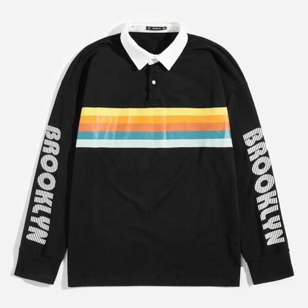 

Men Contrast Collar Stripe & Letter Print Polo Shirt