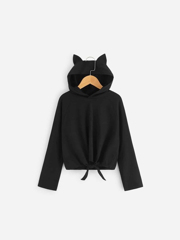 

Girls Raglan Sleeve Knot Hem Hoodie, Black