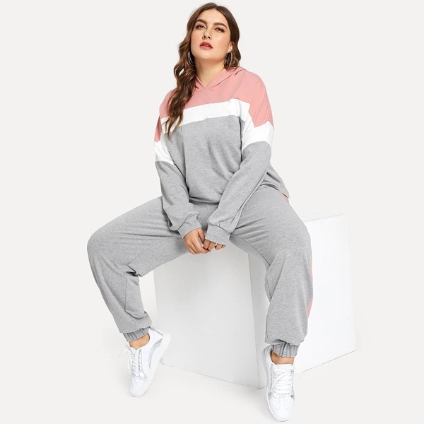 

Plus Heather Knit Colorblock Hoodie and Sweatpants Set