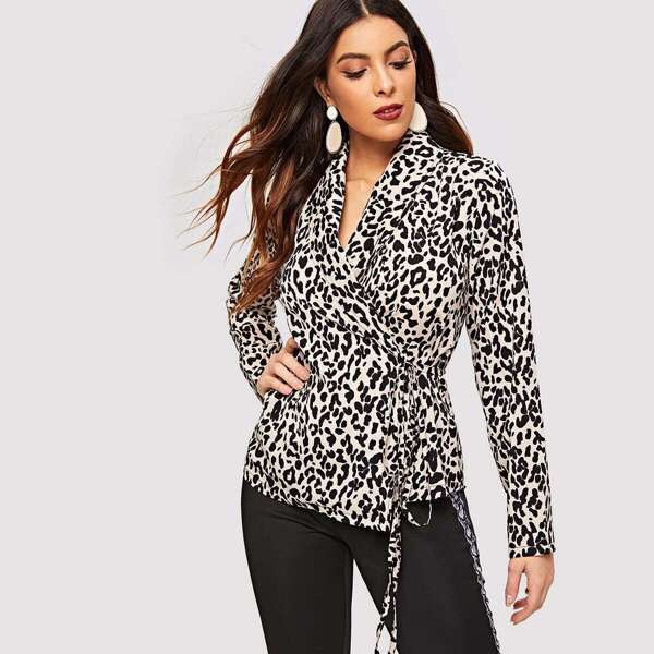 

Shawl Collar Leopard Print Knot Blouse