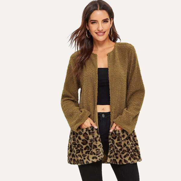 

Open Front Leopard Panel Teddy Coat
