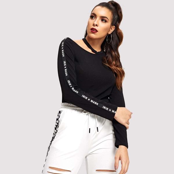 

Letter Tape Detail Asymmetric Cut-out Neck Tee