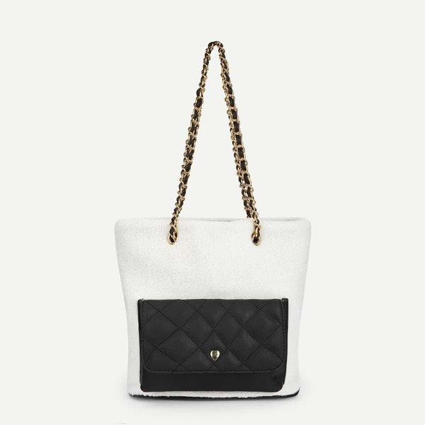 

Color-block Faux Fur Chain Tote Bag