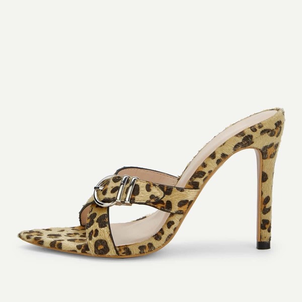

Buckle Detail Leopard Pattern Heeled Mules, Multicolor