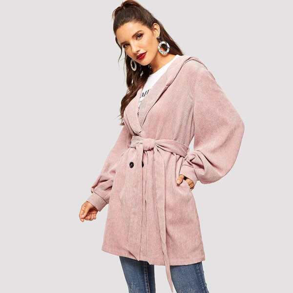 

Double Breasted Front Tie Waist Corduroy Hooded Coat