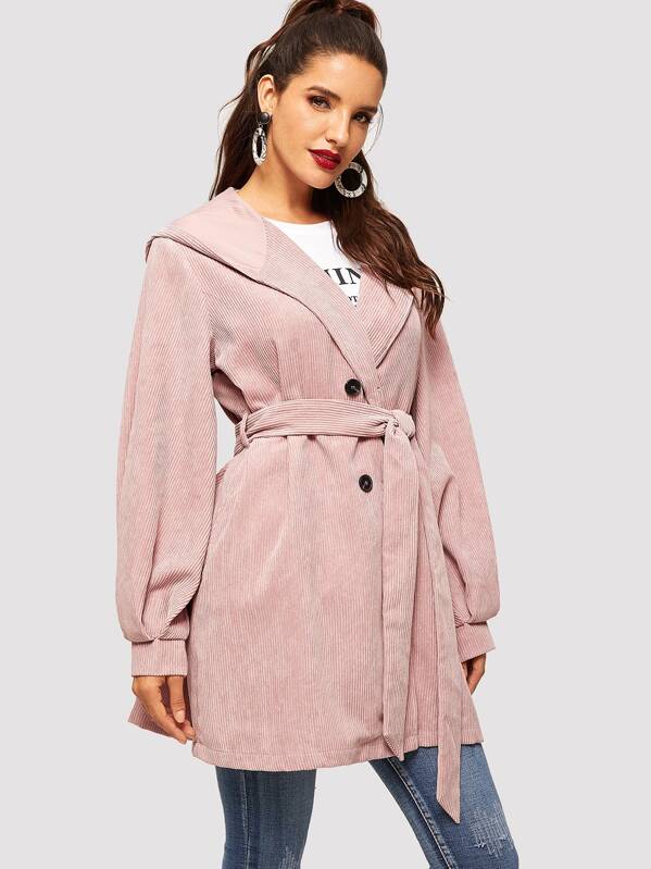 

Double Breasted Front Tie Waist Corduroy Hooded Coat, Pink, Juliana