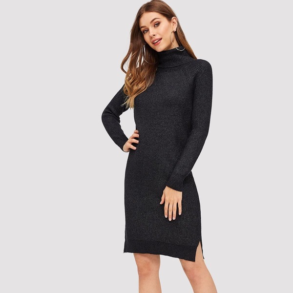 

Rolled Neck Slit Side Sweater Dress