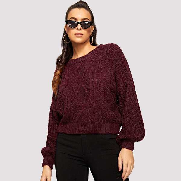 

Lantern Sleeve Mixed Knit Solid Jumper
