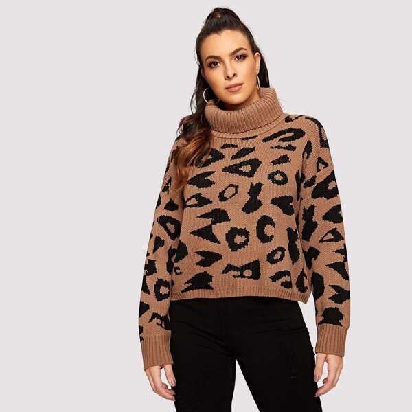 

Rolled Neck Leopard Pattern Jumper