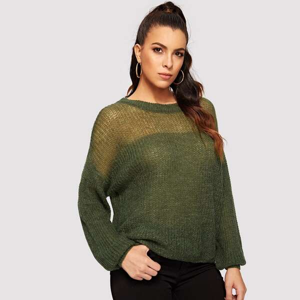 

Semi Sheer Yoke Drop Shoulder Sweater