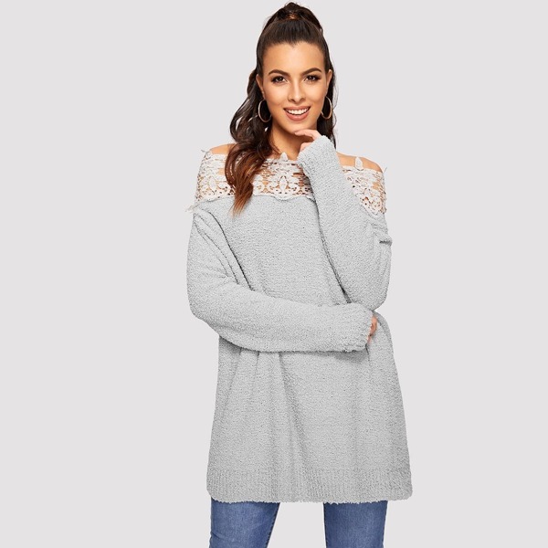 

Floral Lace Insert Off Shoulder Sweater