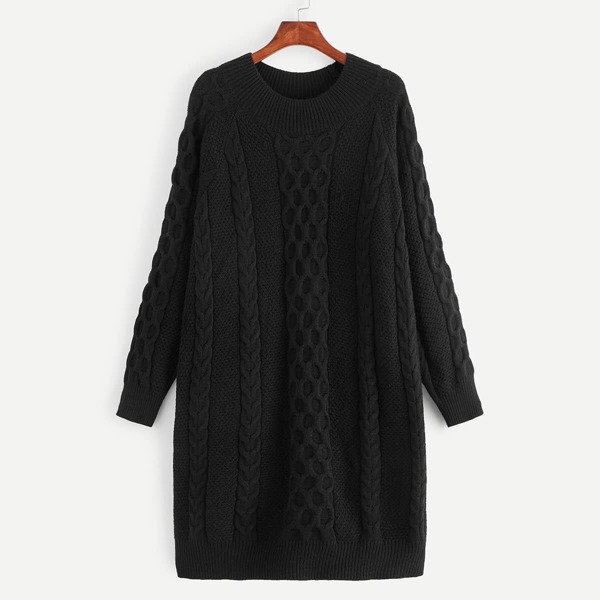 

Solid Mixed Knit Sweater Dress, Black