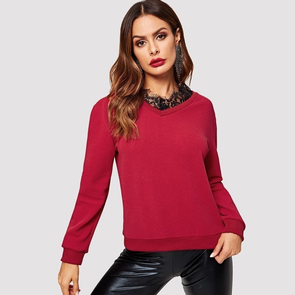 

Lace Trim V-Neck Pullover