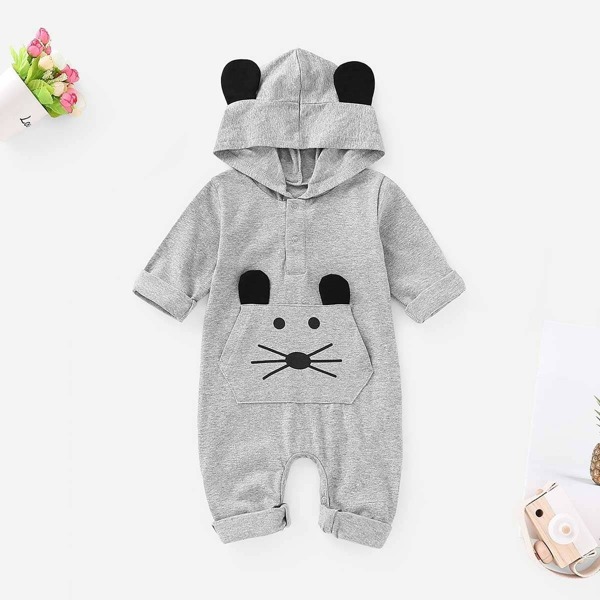 

Baby Cartoon Print Hooded Jumpsuit