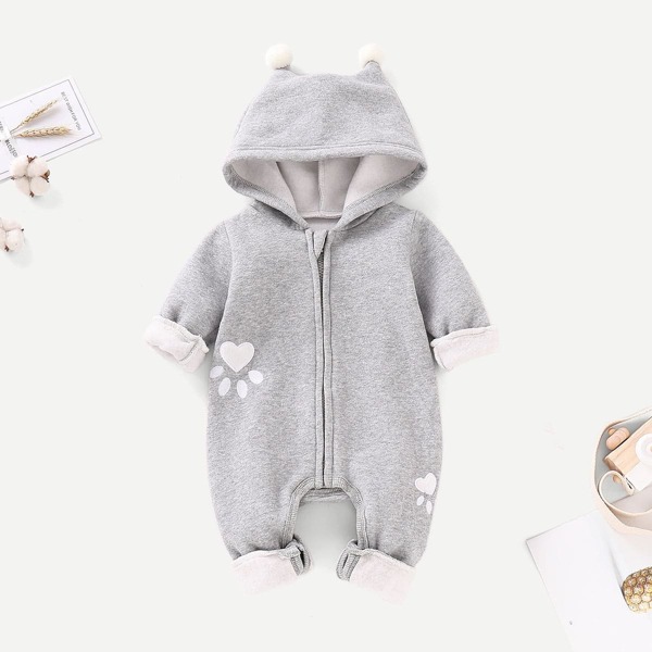 

Baby Pom Pom Detail Cartoon Embroidered Hooded Jumpsuit, Grey