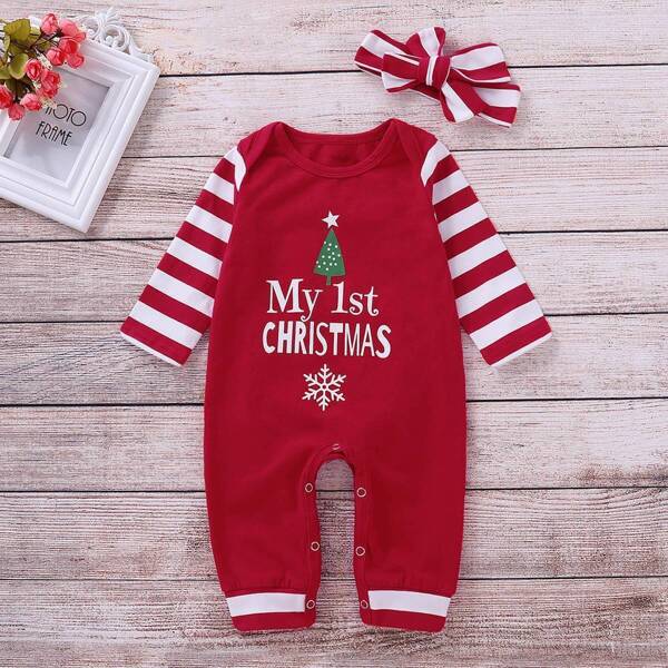 

Toddler Girls Christmas Print Jumpsuit & Headband