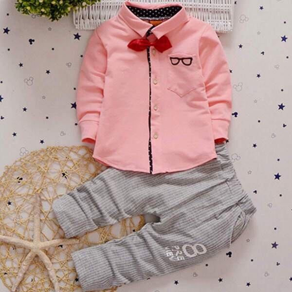 

Toddler Boys Bow Front Solid Shirt & Striped Pants