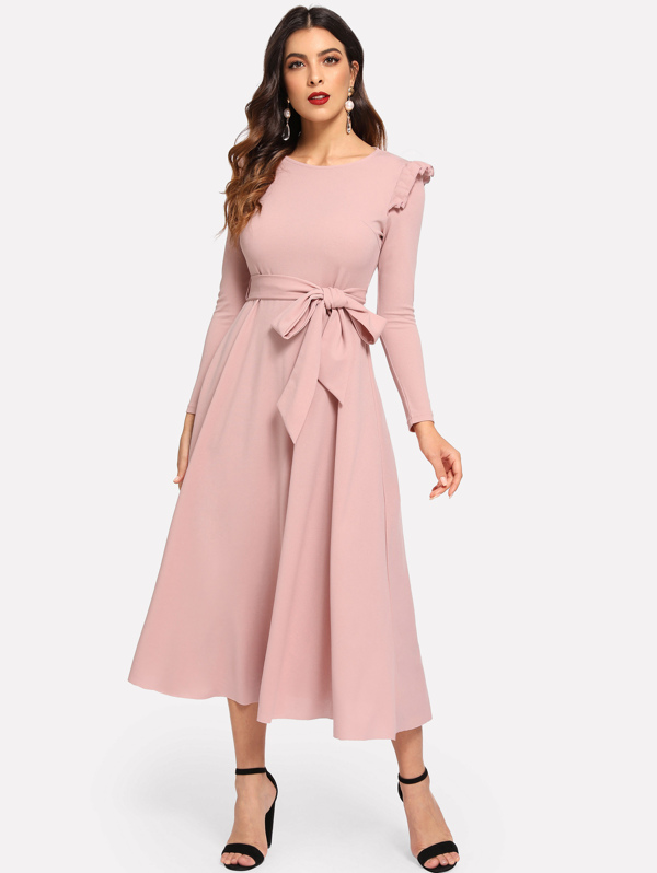 

Ruffle Trim Self Belted Dress, Pink, DANI A