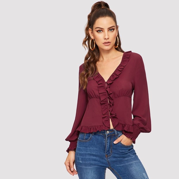 

Ruffle Trim Shirred Panel Top
