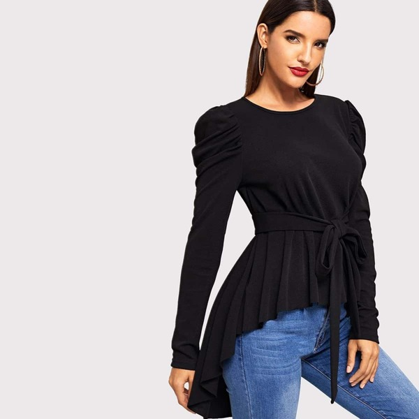 

Puff Sleeve Dip Hem Belted Top