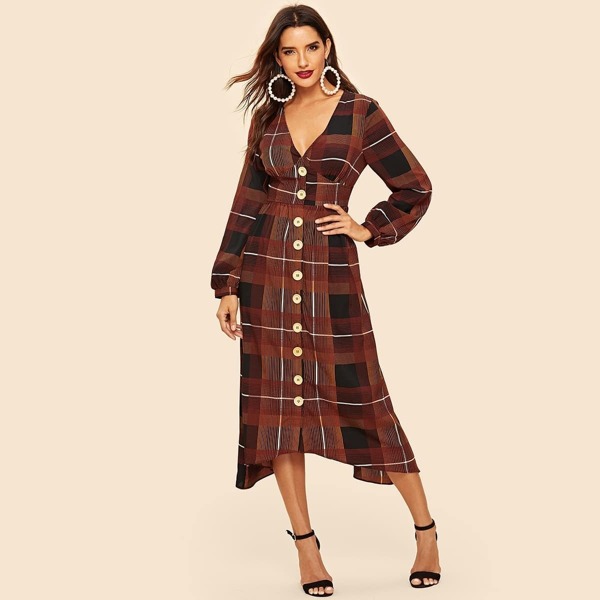 

70s Button Up Plaid Bodice Dress
