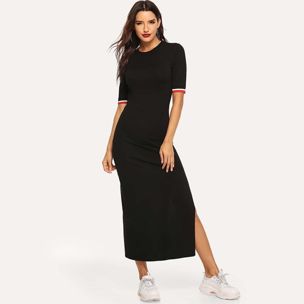 

Striped Cuff Split Tee Dress, Black