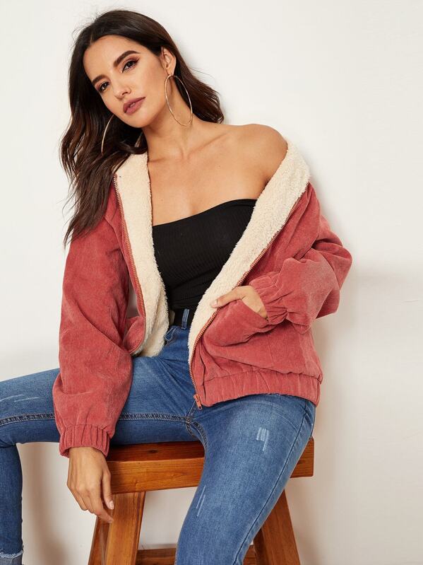 

Contrast Line Zip Front Corduroy Jacket, Red, Juliana