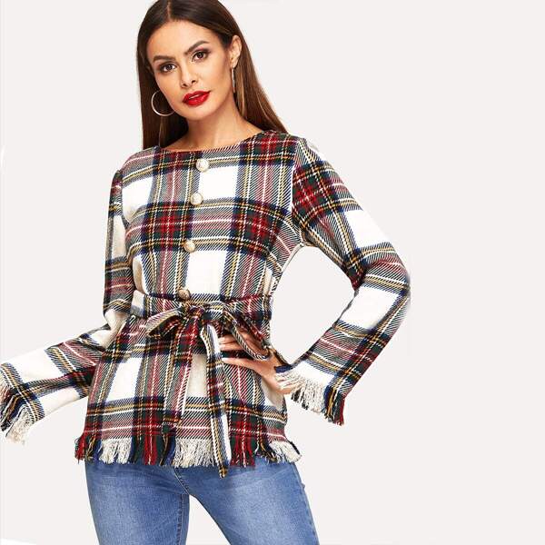

Frayed Trim Plaid Coat