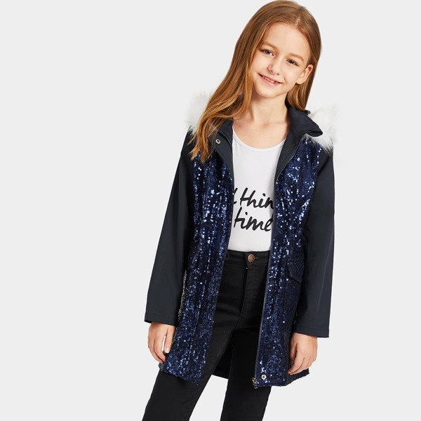 

Girls Faux Fur Contrast Hooded Sequin Coat