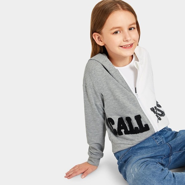 

Girls Sequin Letter Patched Two-tone Hoodie