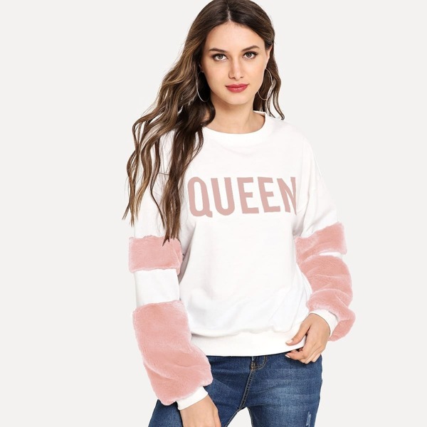 

Contrast Faux Fur Letter Sweatshirt, White