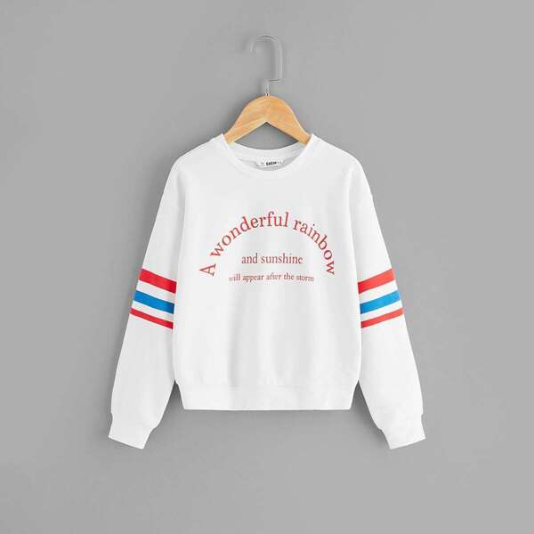 

Girls Letter Print Striped Sleeve Pullover